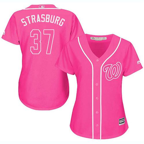 Nationals #37 Stephen Strasburg Pink Fashion Women's Stitched MLB Jersey - Click Image to Close